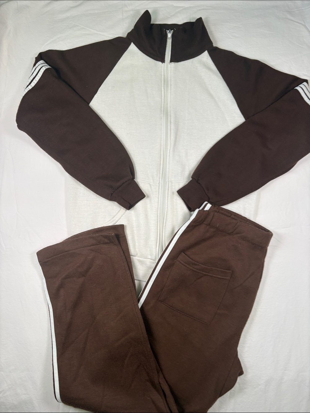 Vintage Warm Brown and Cream Zip Hoodie with White Zipper Track Suit bottoms